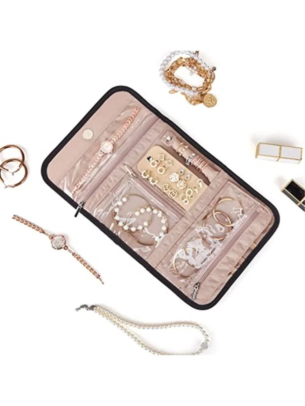 Travel Jewelry Organizer Case Foldable Necklace Ring Earring Storage Roll Bag